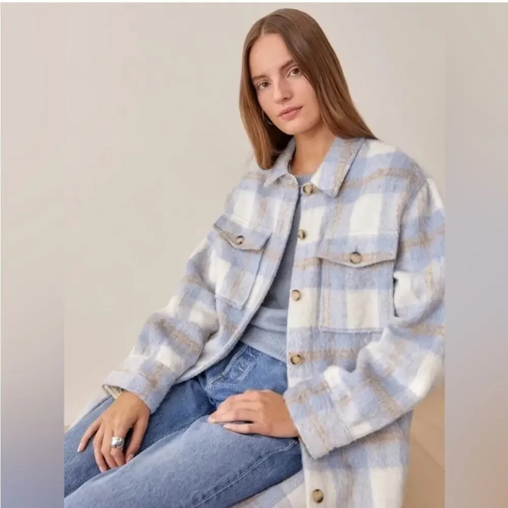 Reformation Ainslie Button Up Flannel Oversized Jacket Light Blue White Plaid L - Picture 4 of 12